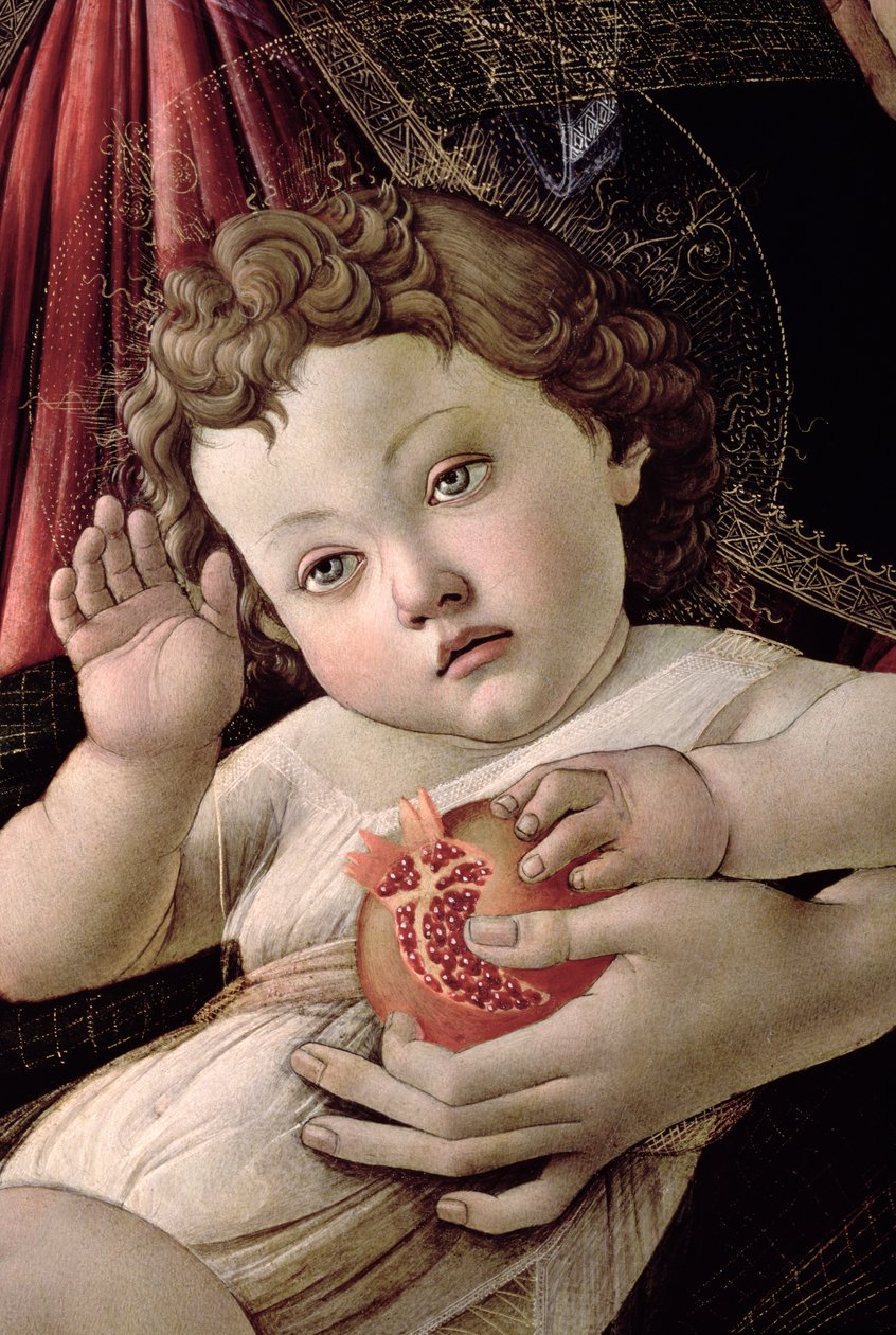 Részlet a Krisztus-gyermekről a gránátalma tempera Madonnából a panelen lásd: 44340 alkotó: Sandro Botticelli
