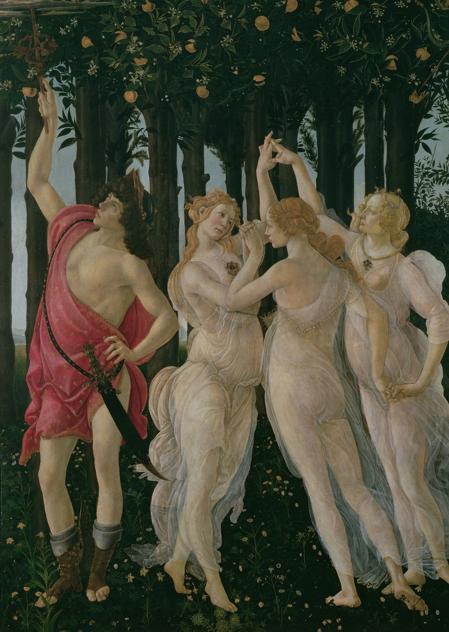 Részlet a Három Gráciáról és a Merkúrról, a Primavera temperából az 558-as panelrészleten alkotó: Sandro Botticelli