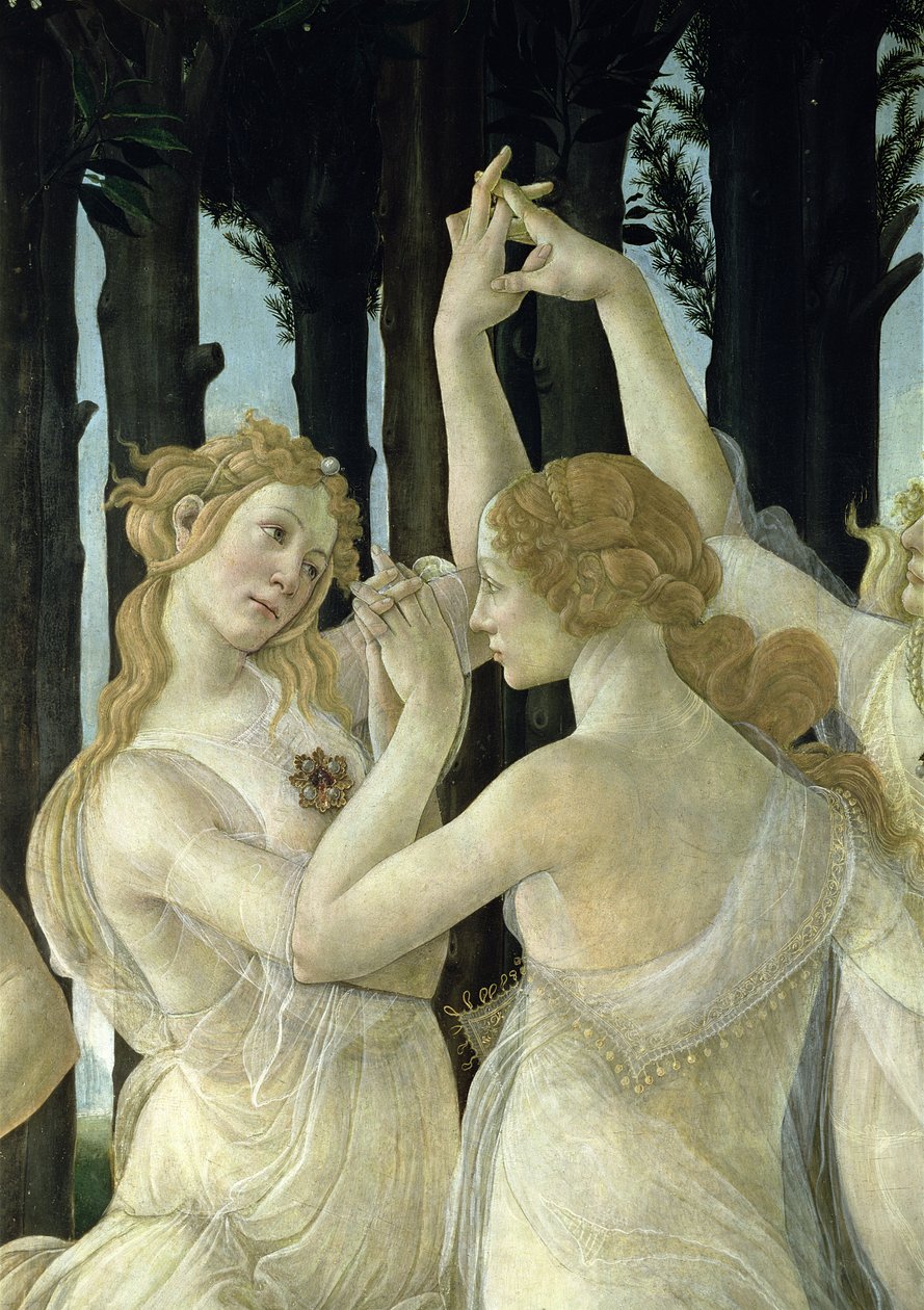 Részlet a Három grácia közül kettőről, a Primavera temperából az 558-as panelrészleten alkotó: Sandro Botticelli