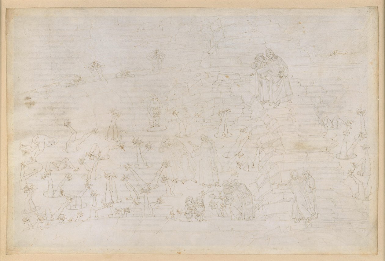 A Divina Commedia, Inferno XIX. Vergilius és Dante a pokol nyolcadik körében (Malebolge), 3. bolgia: az egyházi tisztségeket visszaélésszerűen betöltők, a szimonisták büntetése alkotó: Sandro Botticelli