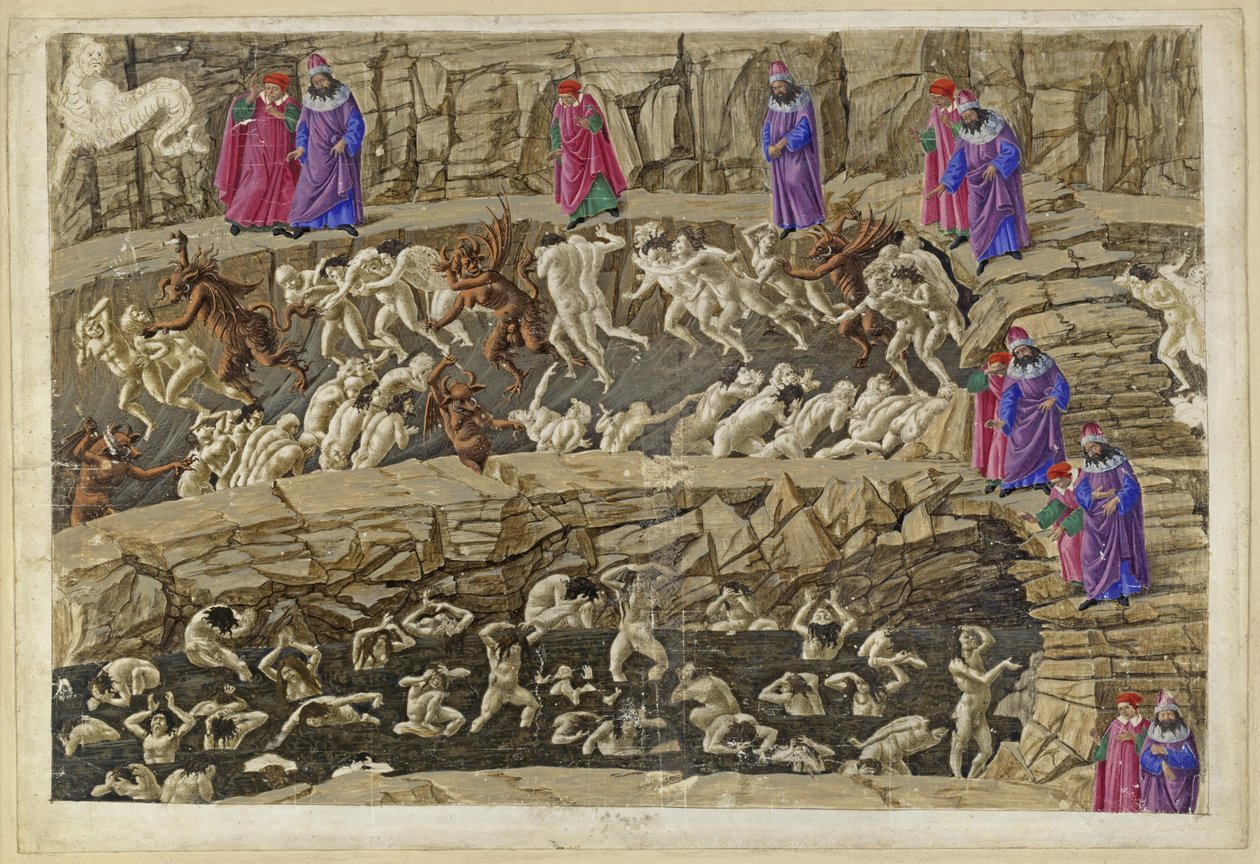 A Divina Commedia, Inferno XVIII. Vergilius és Dante a pokol nyolcadik körében (Malebolge), 1. és 2. bolgia: a kerítők és csábítók, a hízelgők és a prostituáltak büntetése alkotó: Sandro Botticelli