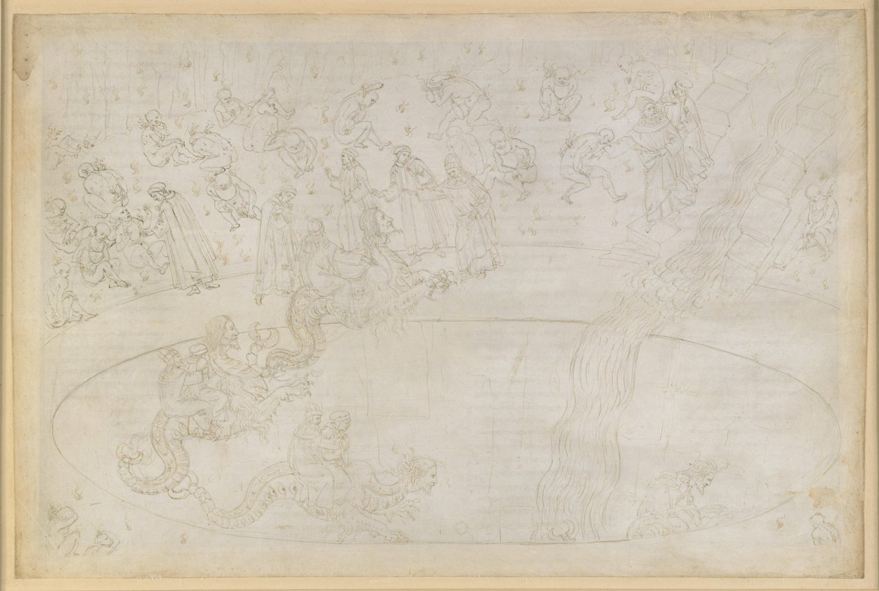A Divina Commedia, Inferno XVII. Vergilius és Dante a pokol hetedik körében, 3. szalag: az isteni rend ellen erőszakot elkövetők a lángsivatagban, a uzsorások büntetése; leereszkedés a mélységbe Geryon hátán alkotó: Sandro Botticelli