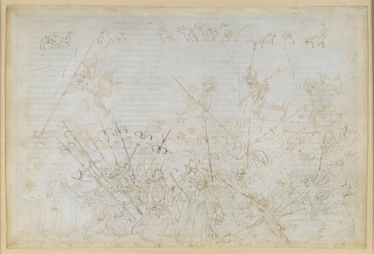 A Divina Commedia, Inferno XXII. Vergilius és Dante a pokol nyolcadik körében (Malebolge), 5. bolgia: a korruptak büntetése; Ciampolo menekülése alkotó: Sandro Botticelli