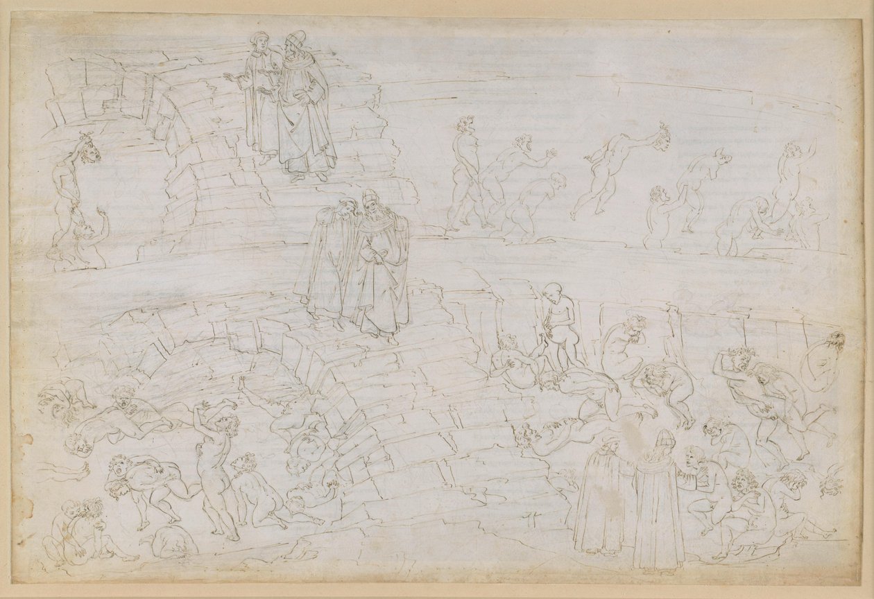 A Divina Commedia, Inferno XXIX. Vergilius és Dante a pokol nyolcadik körében (Malebolge), 10. bolgia: a hamisítók és az alkímisták büntetése alkotó: Sandro Botticelli