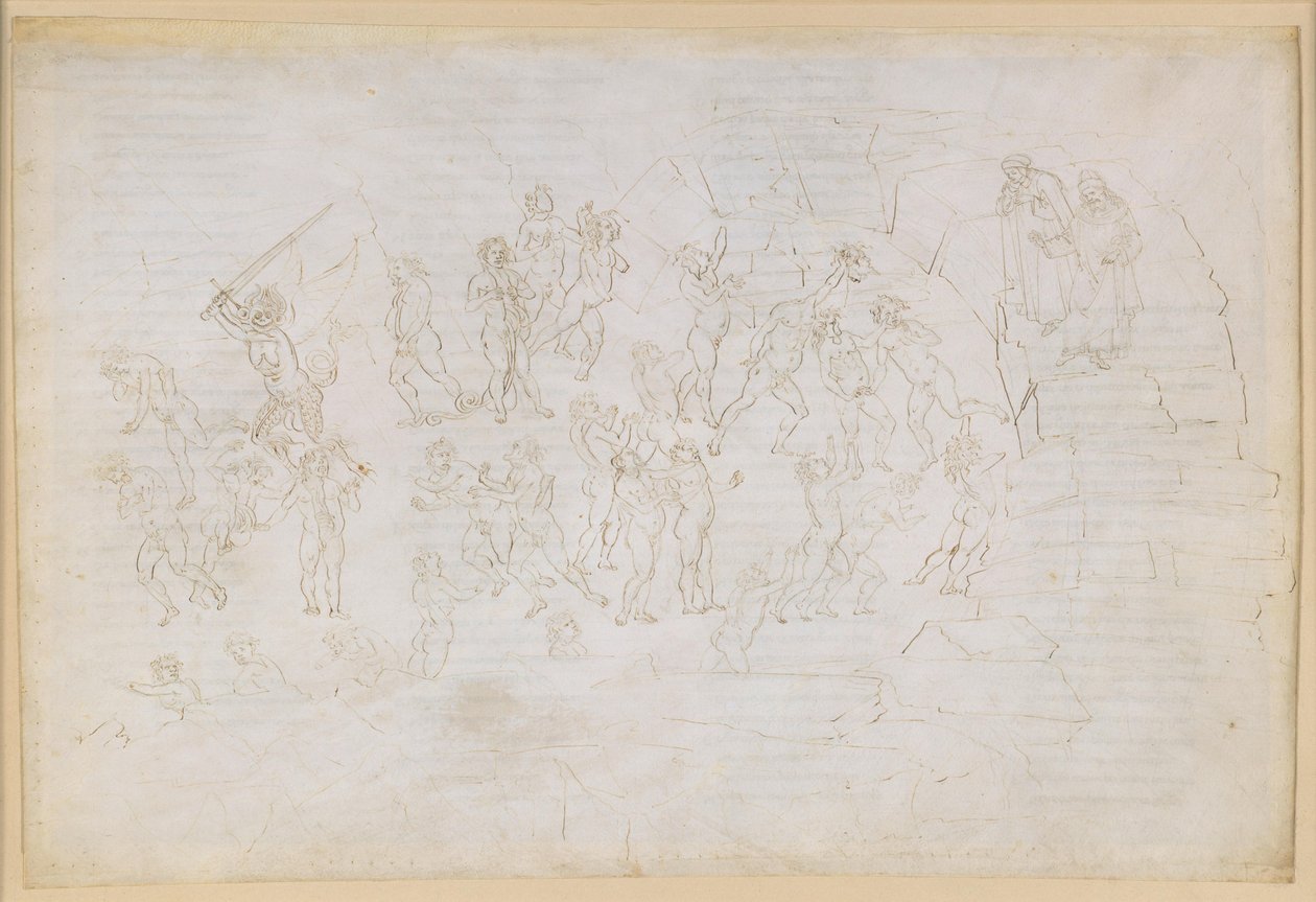 A Divina Commedia, Inferno XXVIII. Vergilius és Dante a pokol nyolcadik körében (Malebolge), 9. bolgia: az eretnekek és a viszálykeltők büntetése; találkozás Mohameddel és Bertran de Bornnal alkotó: Sandro Botticelli