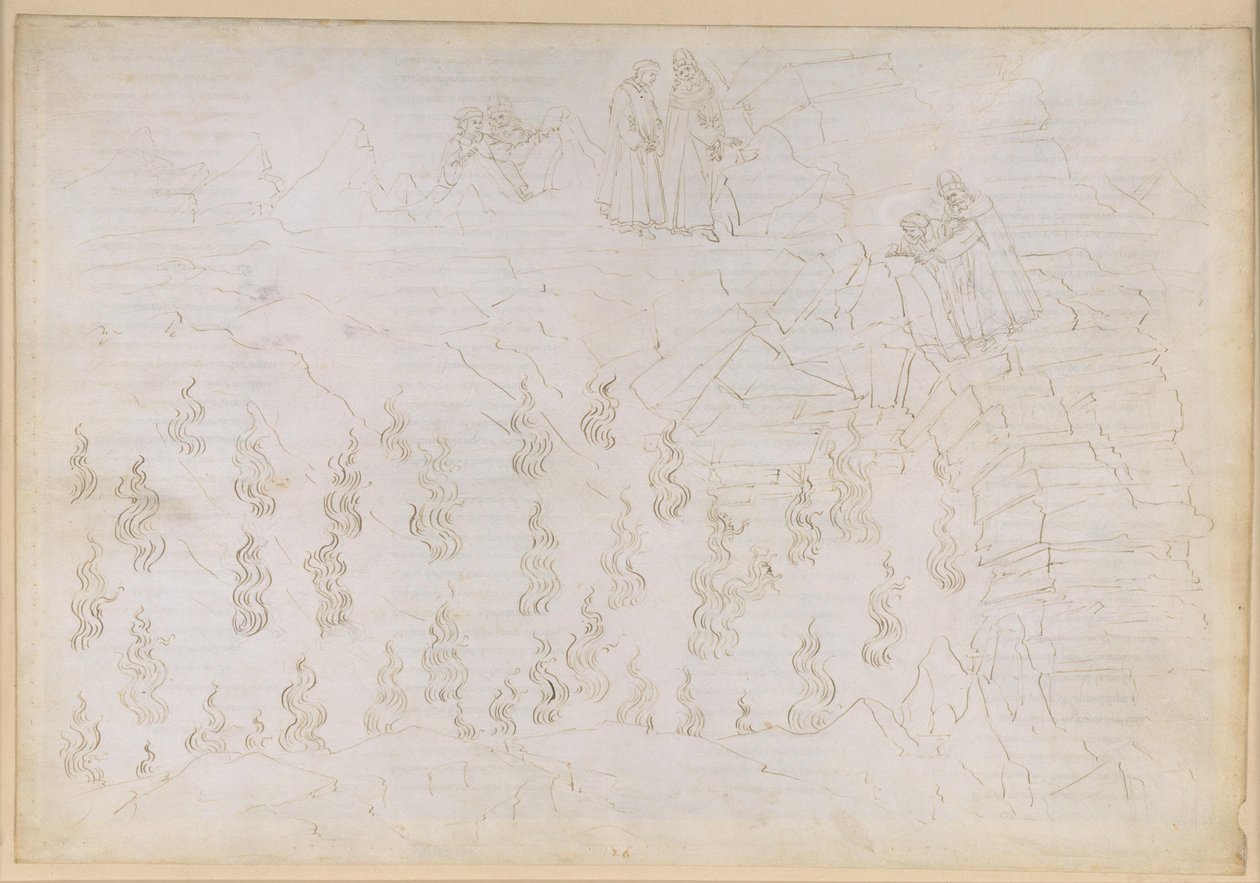 A Divina Commedia, Inferno XXVI. Vergilius és Dante a pokol nyolcadik körében (Malebolge), 8. bolgia: a hamis tanácsadók büntetése; beszélgetés Odüsszeusszal alkotó: Sandro Botticelli