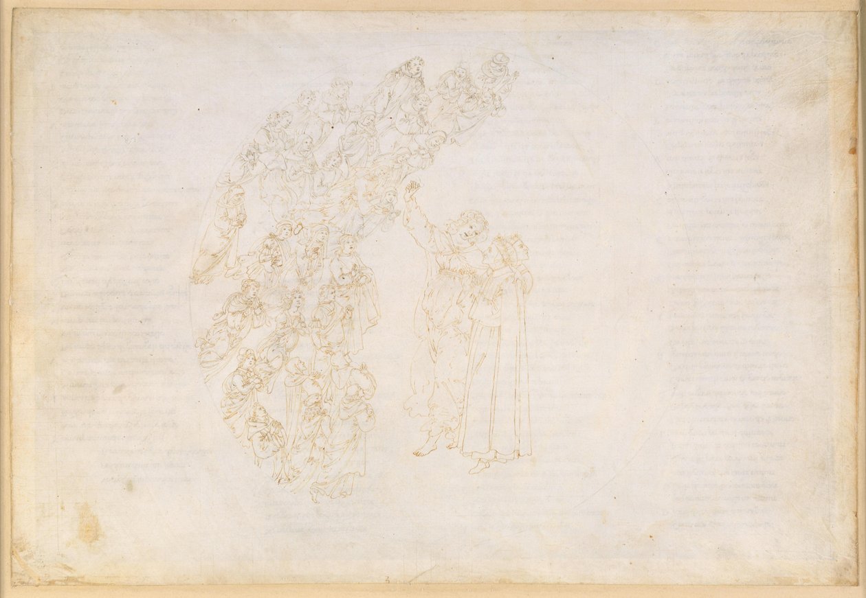 A Divina Commedia, Paradiso III. Az első bolygószféra (a Hold égboltja): azoknak a lelkeknek a megjelenése, akiket egykor megakadályoztak egy fogadalom teljesítésében; Dante beszélgetése Piccarda Donatival alkotó: Sandro Botticelli