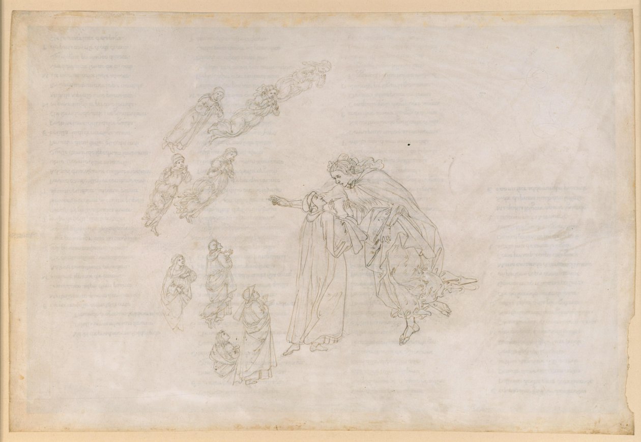 A Divina Commedia, Paradiso IV. Az első bolygószféra (a Hold égboltja): Beatrice elmagyarázza Danténak a boldogok valódi tartózkodási helyét alkotó: Sandro Botticelli