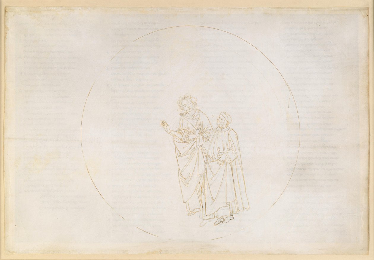 A Divina Commedia, Paradiso IX. Harmadik bolygószféra (a Vénusz égboltja): Cunizza d’Romano és Folquet de Marseille elmagyarázzák Dantének csillaguk természetét alkotó: Sandro Botticelli