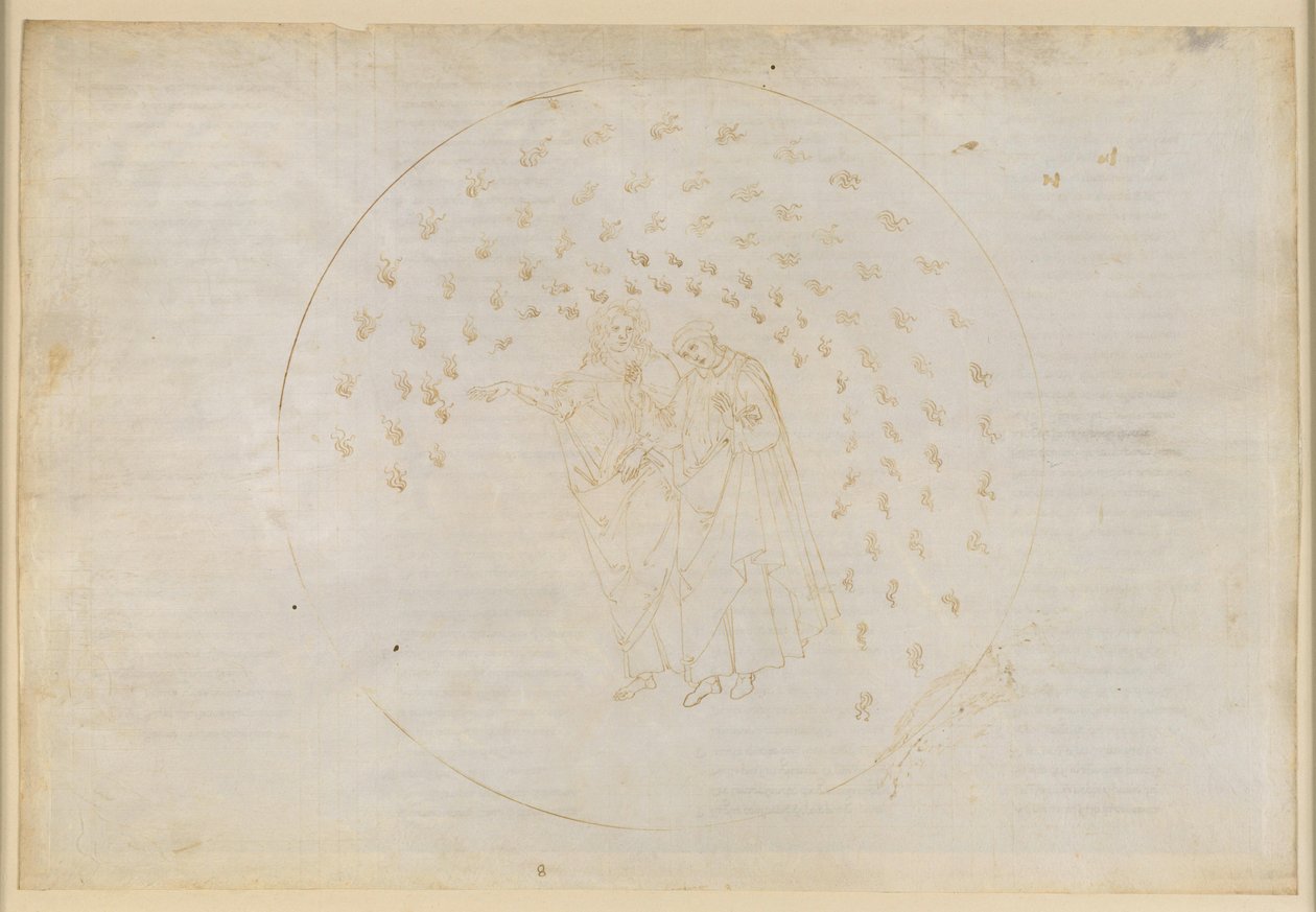 A Divina Commedia, Paradiso VIII. Harmadik bolygószféra (a Vénusz mennyországa): A szerelmesek birodalma; Karl Martell lelke panaszkodik családjára, és elmagyarázza Danténak az emberek közötti különbségek okait alkotó: Sandro Botticelli