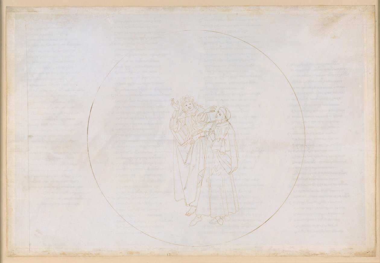 A Divina Commedia, Paradiso XII. A negyedik bolygószféra (a Nap égboltja): Bonaventura ferences szerzetes dicséri Szent Domonkos életét és munkásságát, és elítéli saját rendjének megosztottságát alkotó: Sandro Botticelli