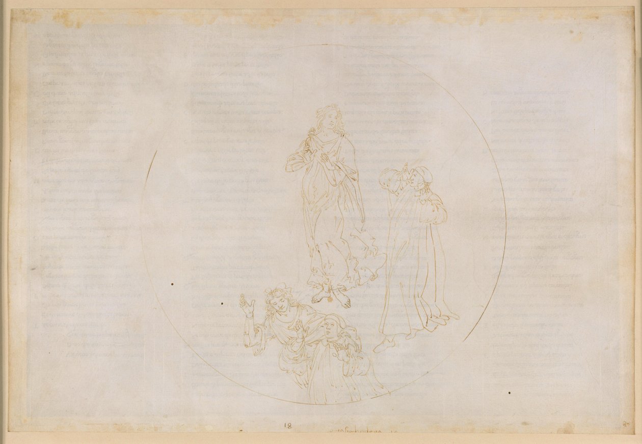 A Divina Commedia, Paradiso XVIII. Az ötödik bolygószféra (a Mars mennyországa): Cacciaguida felsorolja a hitért harcoló boldog harcosokat – átmenet a Jupiter szférájába alkotó: Sandro Botticelli