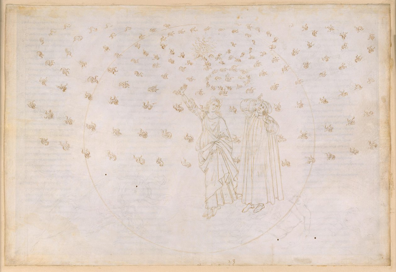 A Divina Commedia, Paradiso XXIII. A nyolcadik szféra (állandó csillagok égboltja): Krisztus diadalának látomása; Dante meglátja Beatrice-t valódi alakjában; Mária körtánca és a tizenkét apostol alkotó: Sandro Botticelli