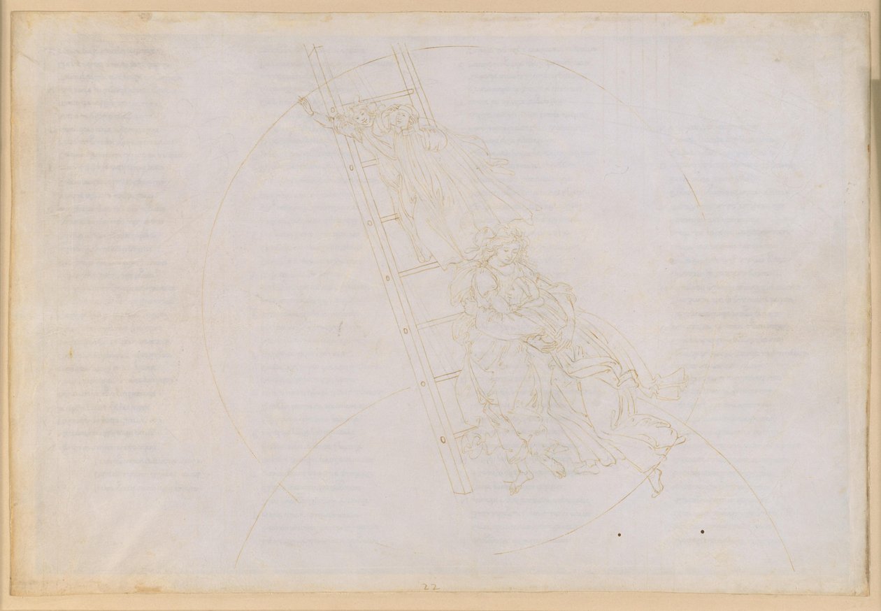 A Divina Commedia, Paradiso XXII. A hetedik bolygószféra (a Szaturnusz égboltja): Szent Benedek beszámolója; feljutás a Jákób-létrán a csillagos égboltra alkotó: Sandro Botticelli