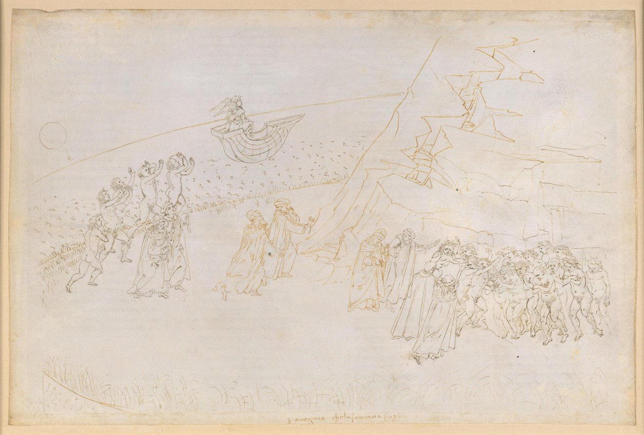 A Divina Commedia, Purgatórium III. Előpurgatórium (Szigetgyűrű): az egyházi kiközösítésben elhunytak bűnbánata; beszélgetés Manfred von Hohenstaufennel alkotó: Sandro Botticelli