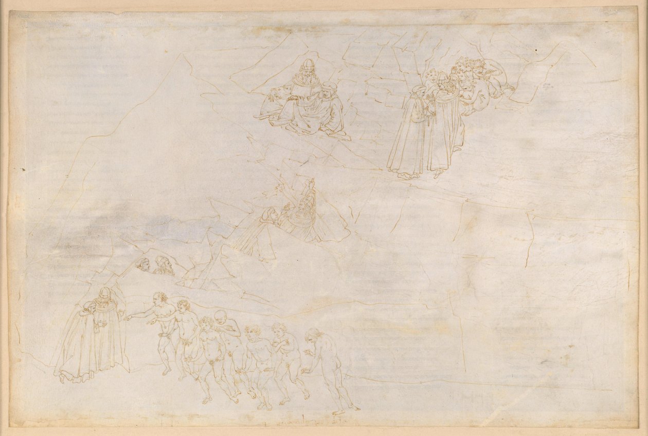 A Divina Commedia, Purgatórium IV. Előpurgatórium: a szigetgyűrű, az alaphegy és a középső övezet; a késlekedők felemelkedése és bűnbánata alkotó: Sandro Botticelli