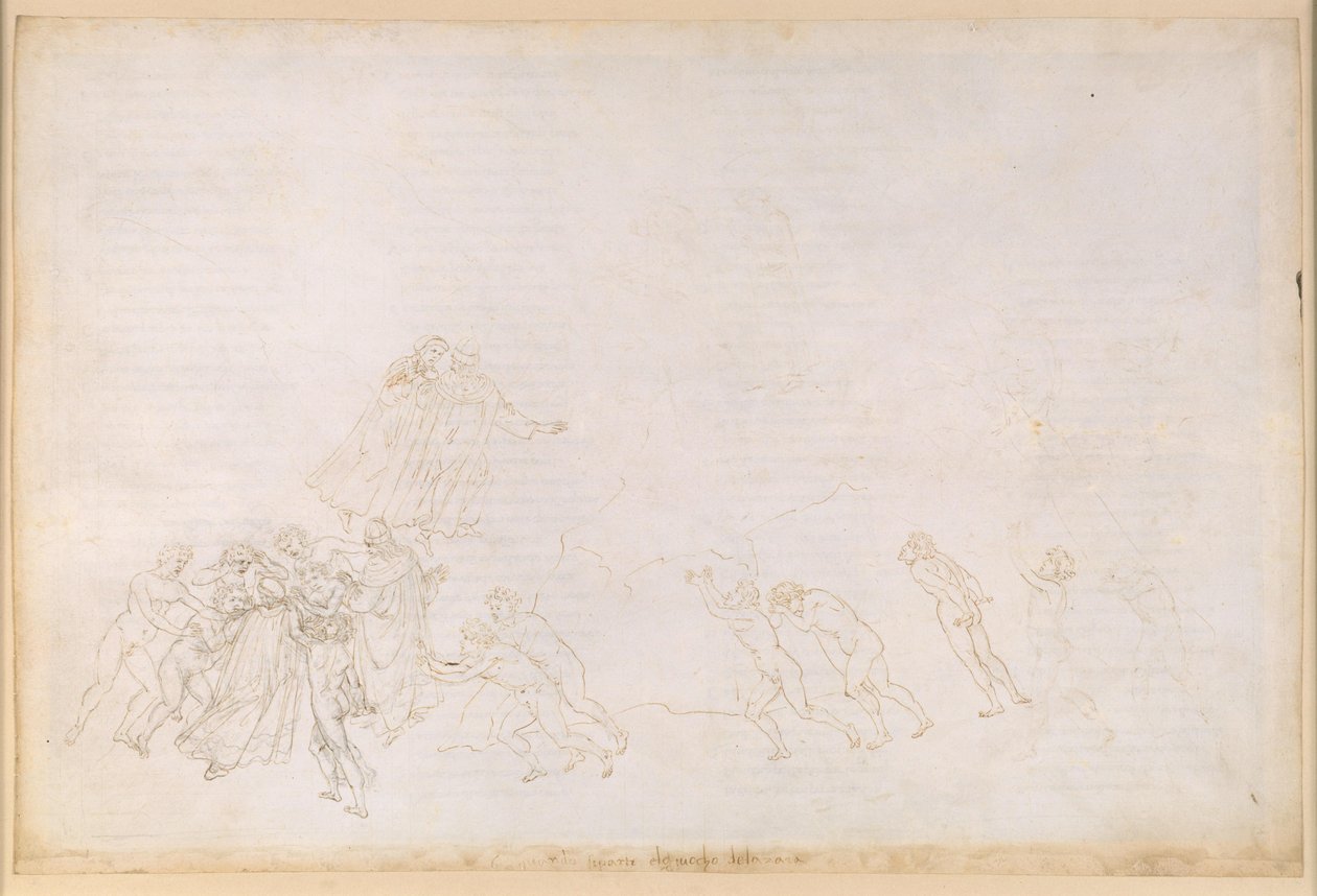 A Divina Commedia, Purgatórium VI. Előpurgatórium, középső zóna: azok, akik erőszakos cselekmény következtében haltak meg; beszélgetés Sordellóval alkotó: Sandro Botticelli