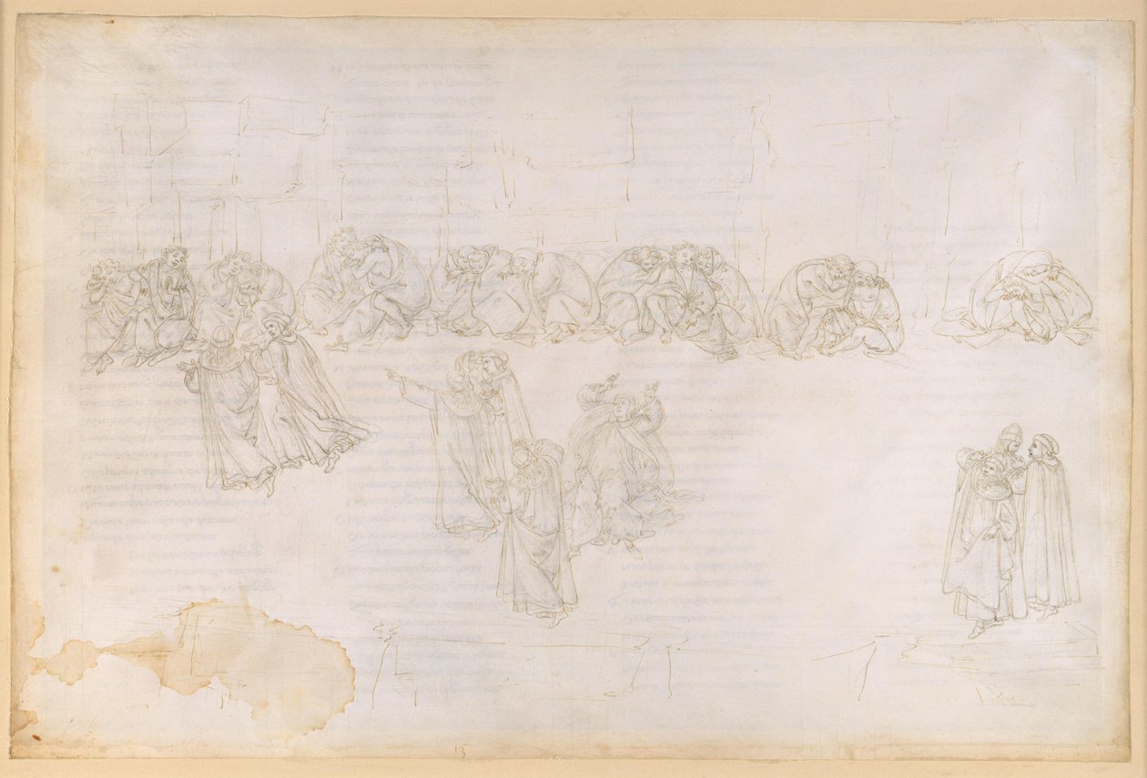 A Divina Commedia, Purgatórium XIII. A Purgatórium második köre: bűnbánat az irigység és a káröröm miatt; beszélgetés Sapia Salvanival alkotó: Sandro Botticelli