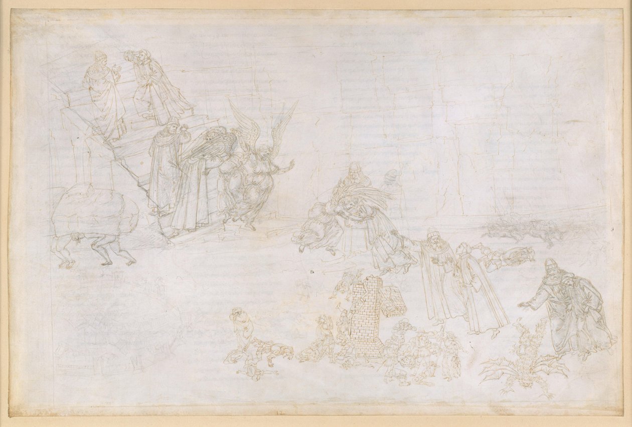 A Divina Commedia, Purgatórium XII. A Purgatórium első köre: a gőg büntetésének képei; az angyal a második körbe vezető lépcsők előtt alkotó: Sandro Botticelli