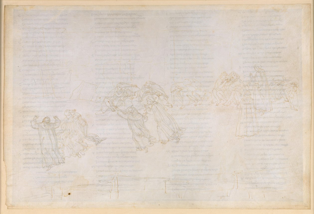 A Divina Commedia, Purgatórium XIV. A Purgatórium második köre: bűnbánat az irigység és a káröröm miatt; Guido del Duca és Rinieri da Calboli beszélgetése alkotó: Sandro Botticelli