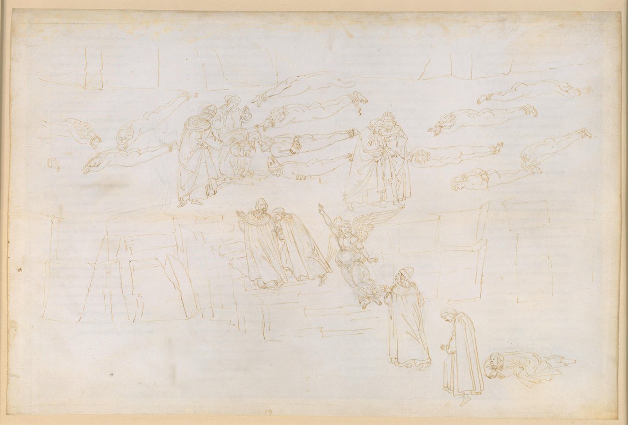 A Divina Commedia, Purgatórium XIX. Feljutás a Purgatórium ötödik körébe: Dante szirénálma; a kapzsiak és a pazarlók vezeklése; beszélgetés V. Hadrianussal. alkotó: Sandro Botticelli