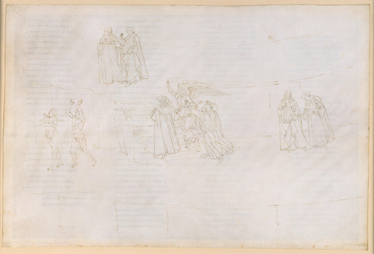 A Divina Commedia, Purgatórium XVII. Feljutás a Purgatórium negyedik körébe: Vergilius elmagyarázza Danténak a Purgatóriumot alkotó: Sandro Botticelli