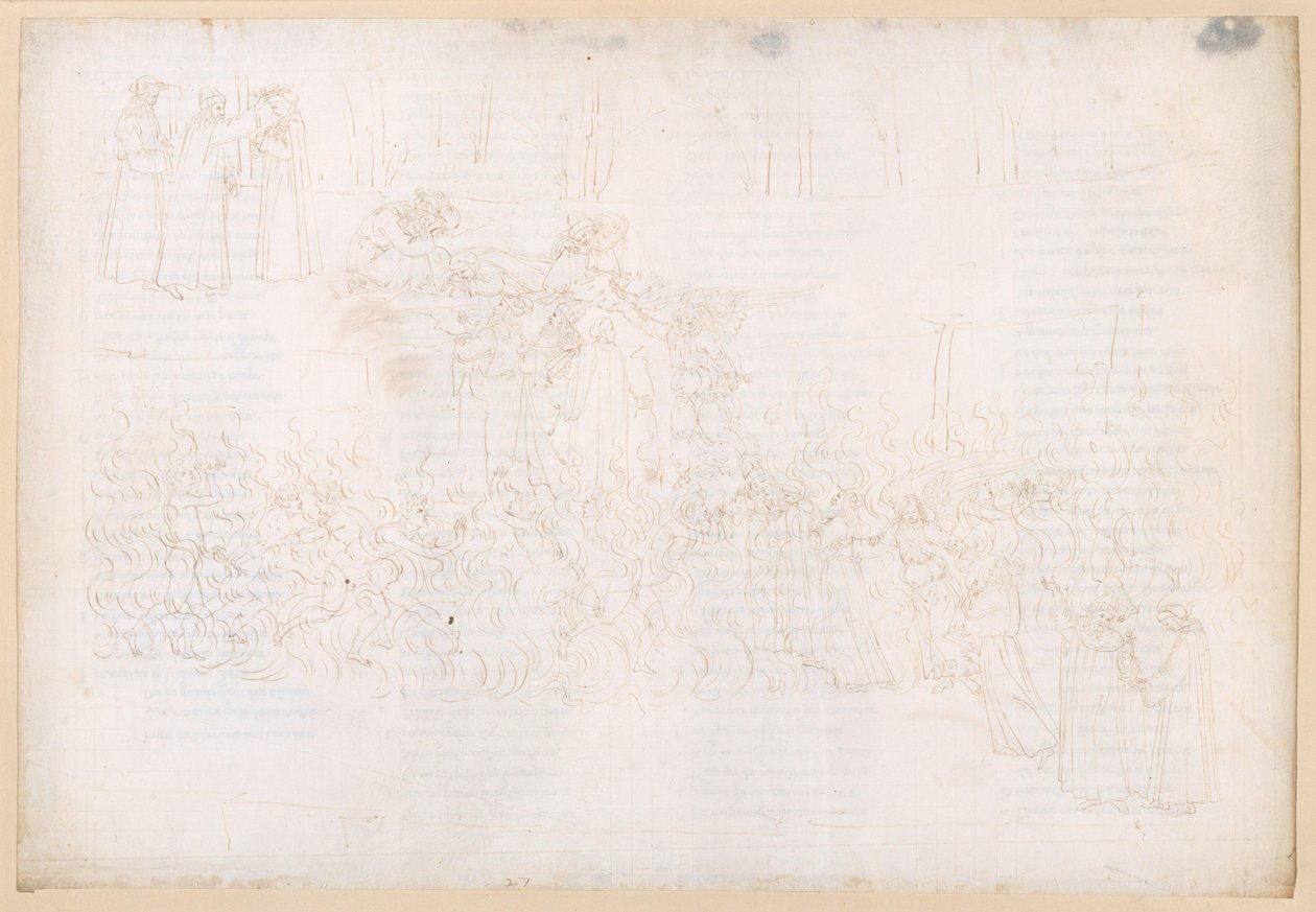 A Divina Commedia, Purgatórium XXVII. Feljutás a Földi Paradicsomba: Az út a tűzön át; Álom a Földi Paradicsom lépcsőin; Dante megkoronázása alkotó: Sandro Botticelli