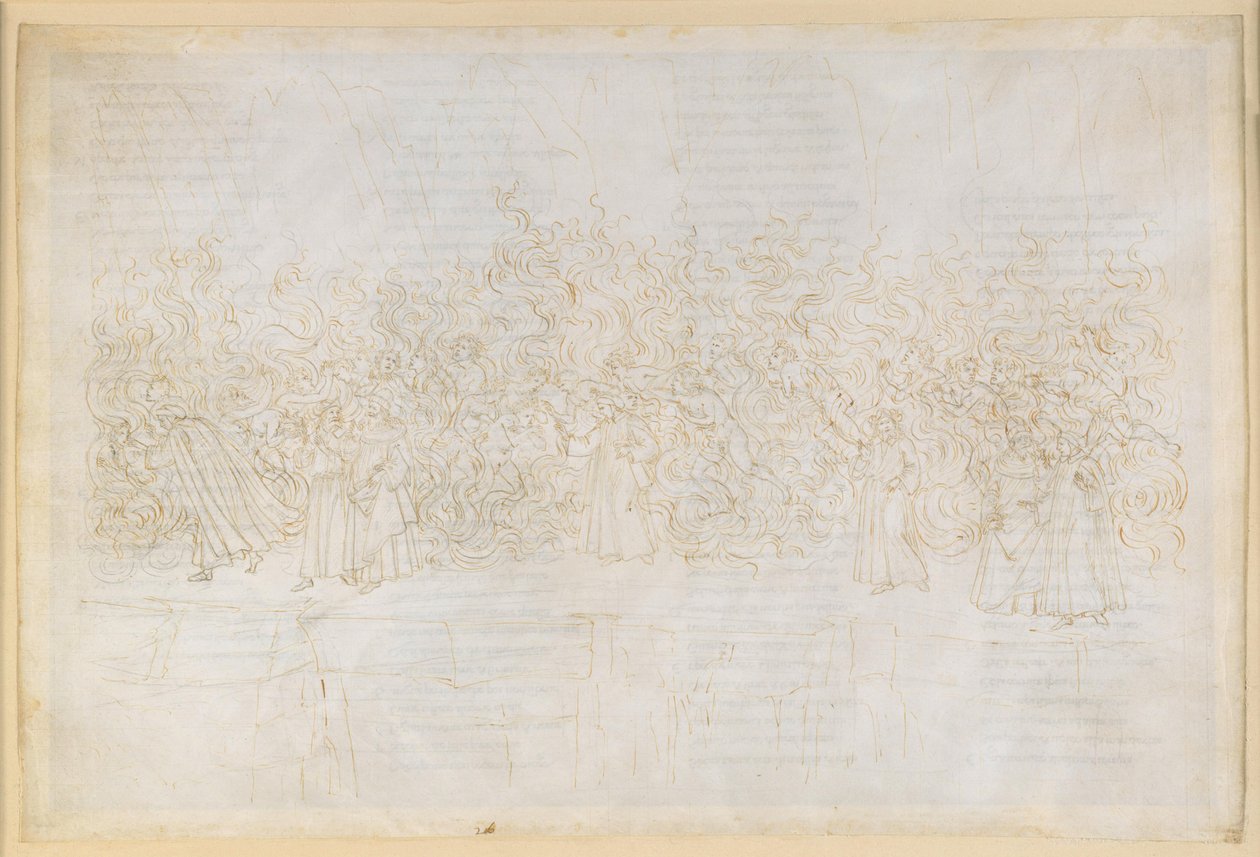 A Divina Commedia, Purgatórium XXVI. A Purgatórium hetedik köre: a kéjvágyók vezeklése; Dante beszélgetése Guido Guinizellivel alkotó: Sandro Botticelli