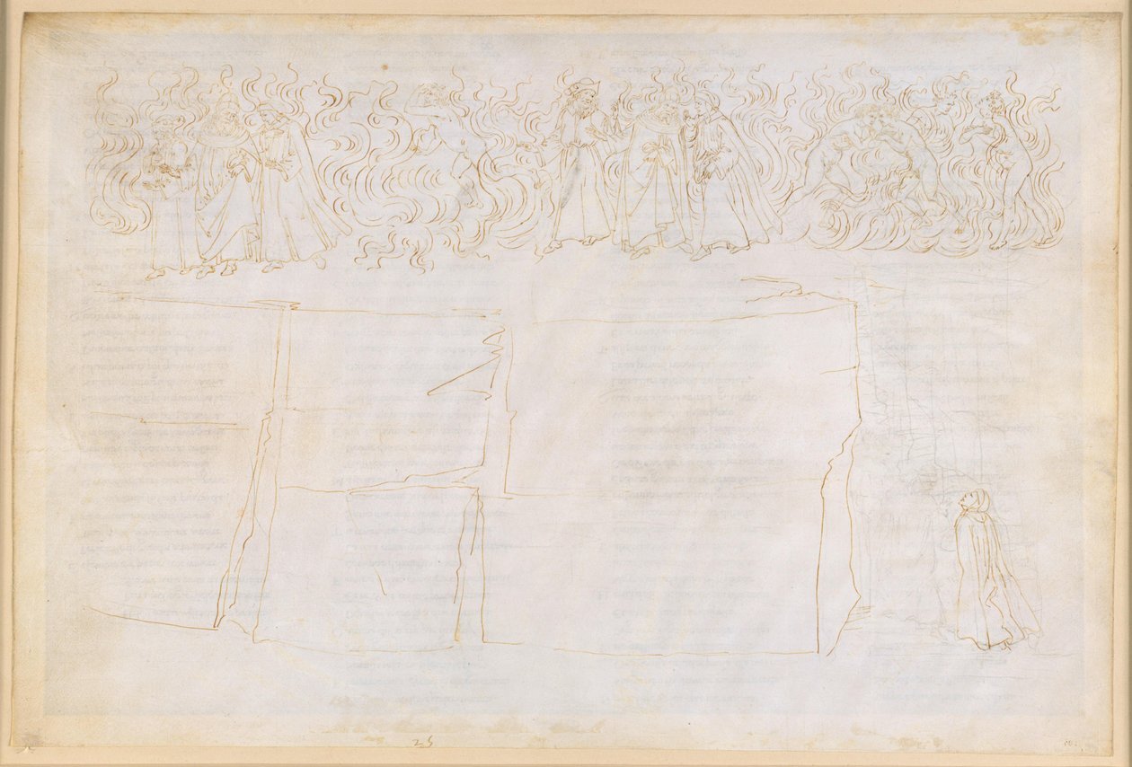 A Divina Commedia, Purgatórium XXV. Feljutás a Purgatórium hetedik körébe: tanítás az árnyak testiségéről; a kéjvágyók bűnbánata alkotó: Sandro Botticelli