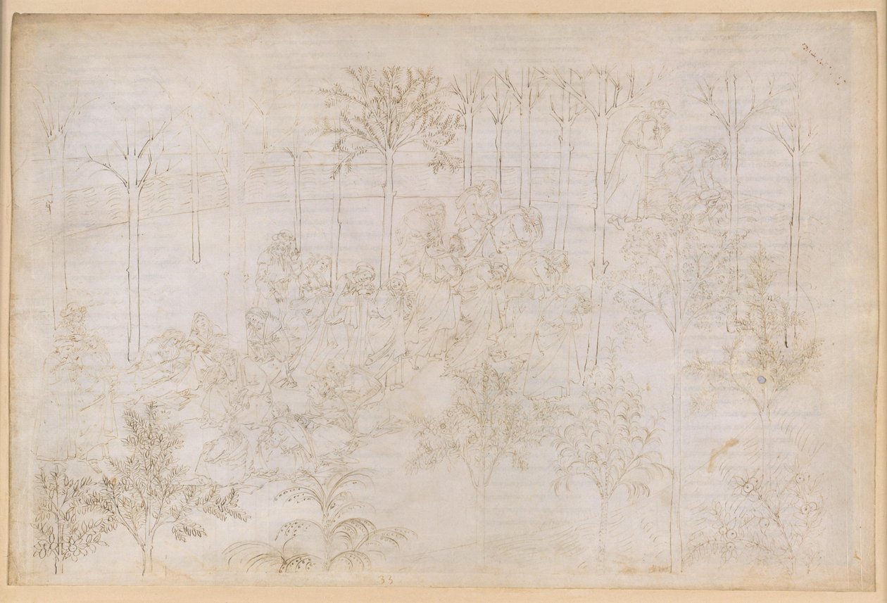 A Divina Commedia, Purgatórium XXXIII. A Földi Paradicsom: Beatrice az erények körében; Indulás; Dante fürdője az Eunoe folyóban alkotó: Sandro Botticelli