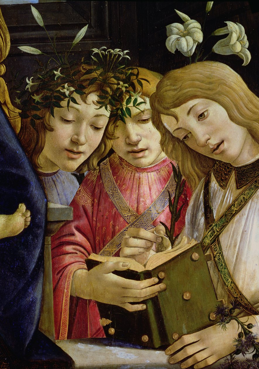 Madonna és gyermeke a fiatal Keresztelő Szent Jánossal és angyalokkal: három angyalpanel részlete a 44353-ból alkotó: Sandro Botticelli