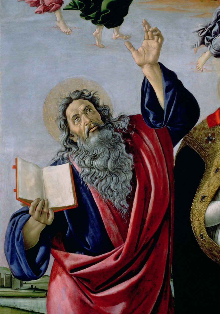 Szent János evangélista, a Szűzanya koronázása Szent Márk oltárképéből, 1488-90 körüli tempera a 44363-as táblarészleten alkotó: Sandro Botticelli