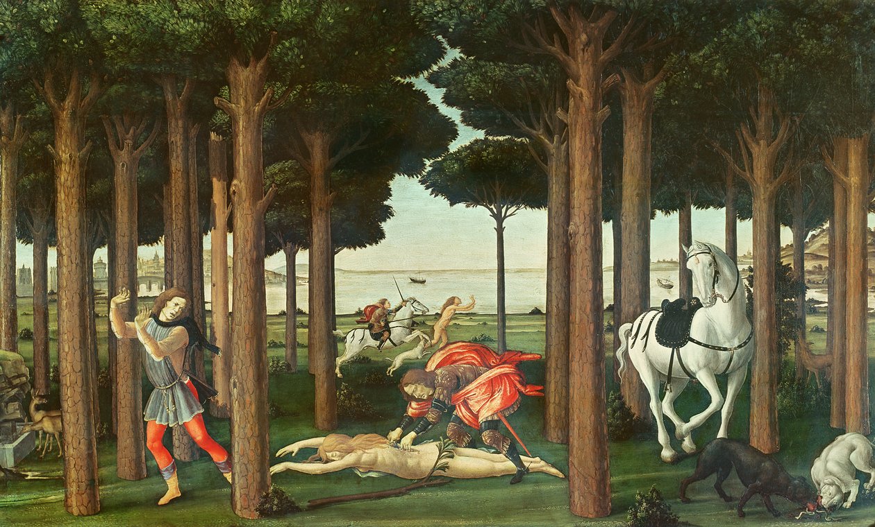 Az üldözött nő kizsigerelése: Nastagio degli Onesti története II. jelenete, 1483 körül (tempera a panelen) alkotó: Sandro Botticelli