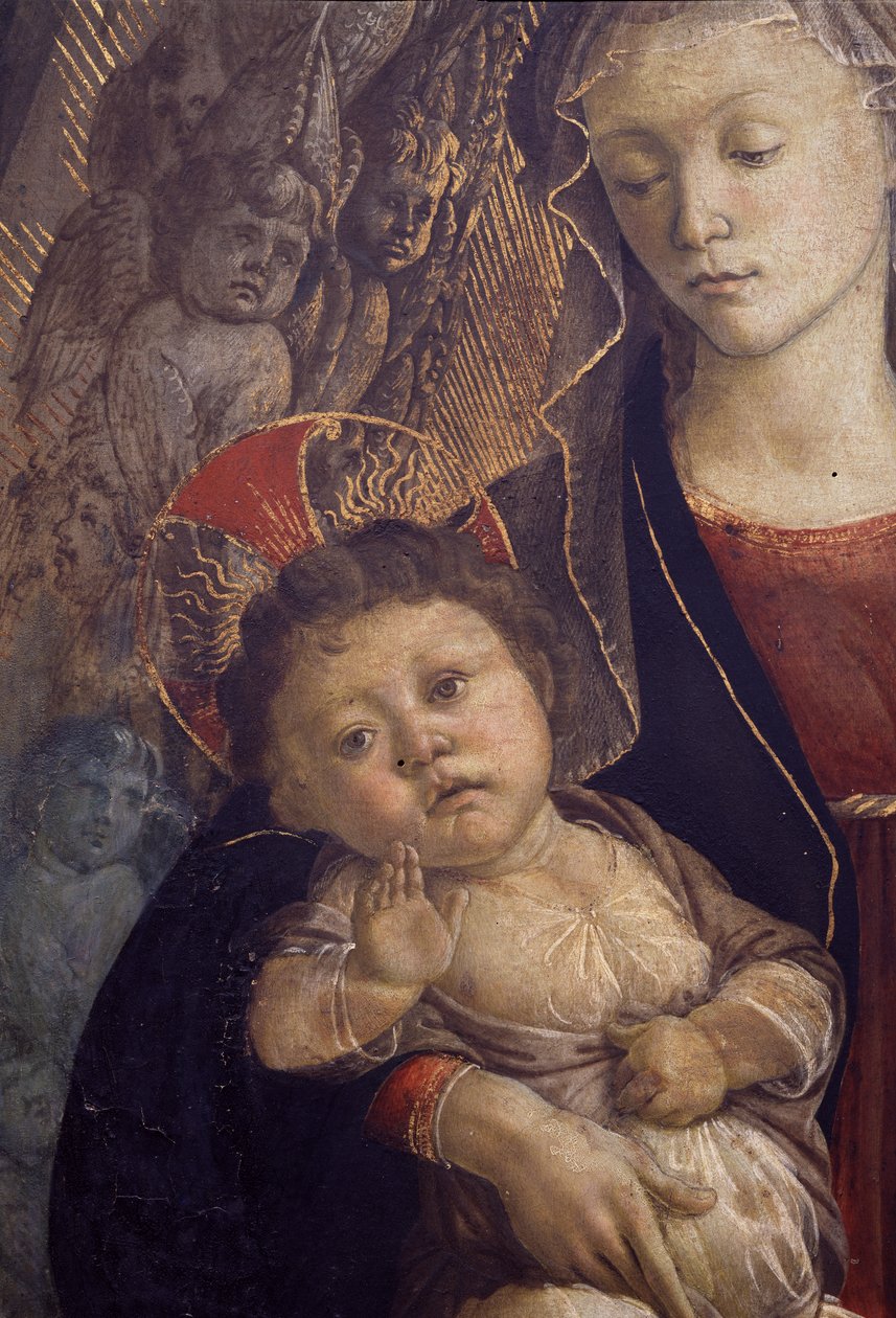 A Madonna és a gyermek a dicsőségben, a Gyermek részlete, 1468-as tempera a 85673-as panelen alkotó: Sandro Botticelli