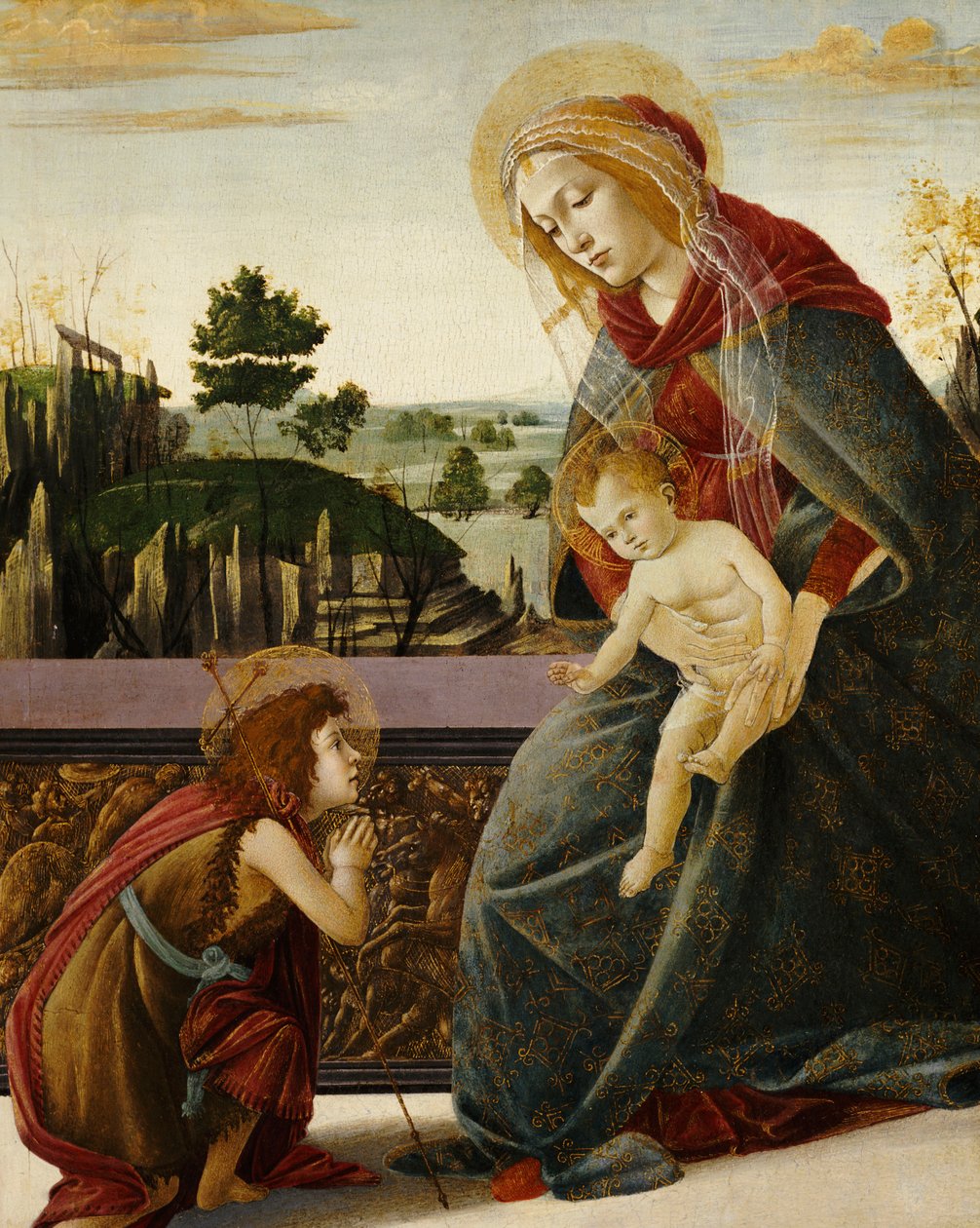 A Madonna és a gyermek az ifjú Keresztelő Szent Jánossal egy tájban alkotó: Sandro Botticelli