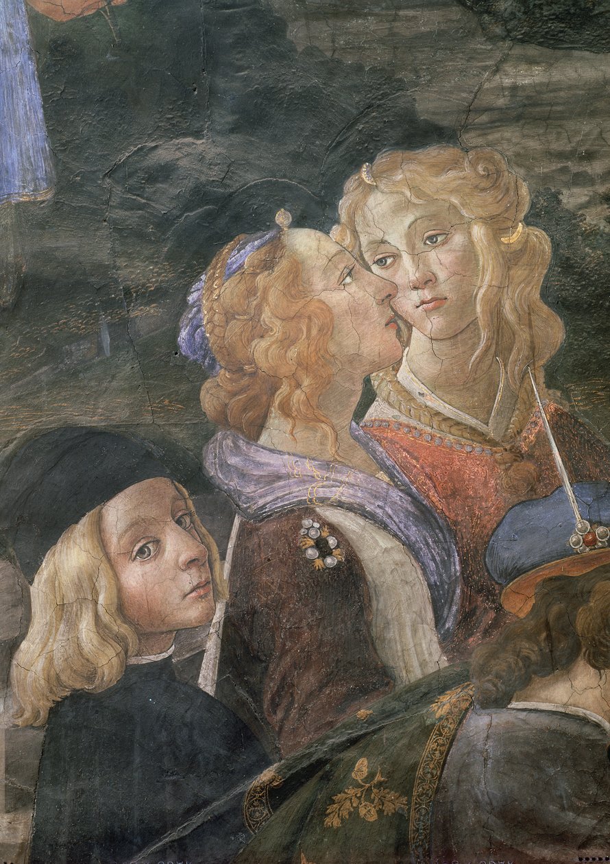 A leprás megtisztulása és Krisztus megkísértése, a Sixtus-kápolnában: két nő és egy fiatal fiú részlete a tömegben, 1481-es freskó alkotó: Sandro Botticelli