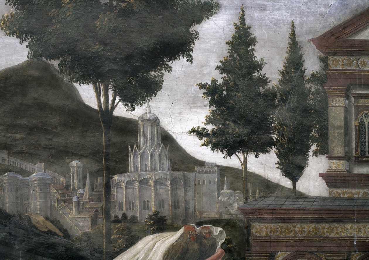 A leprás megtisztulása és Krisztus megkísértése, a Sixtus-kápolnában: egy képzeletbeli város részlete tájban, 1481-es freskó alkotó: Sandro Botticelli