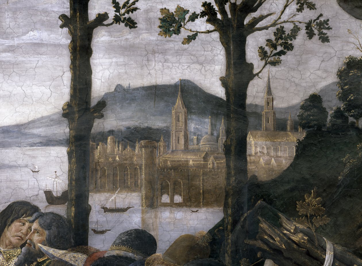 A leprás megtisztulása és Krisztus megkísértése, a Sixtus-kápolnában: egy képzeletbeli kikötőváros részlete tájban, 1481-es freskó alkotó: Sandro Botticelli