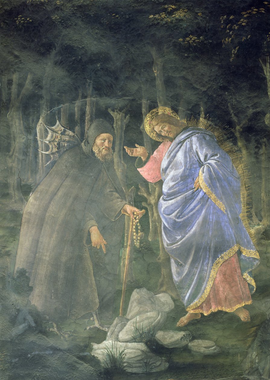 A leprás megtisztulása és Krisztus megkísértése a Sixtus-kápolnában: részlet az ördögről, aki kihívja Jézust, hogy köveket alakítson kenyérré, 1481-es freskó alkotó: Sandro Botticelli