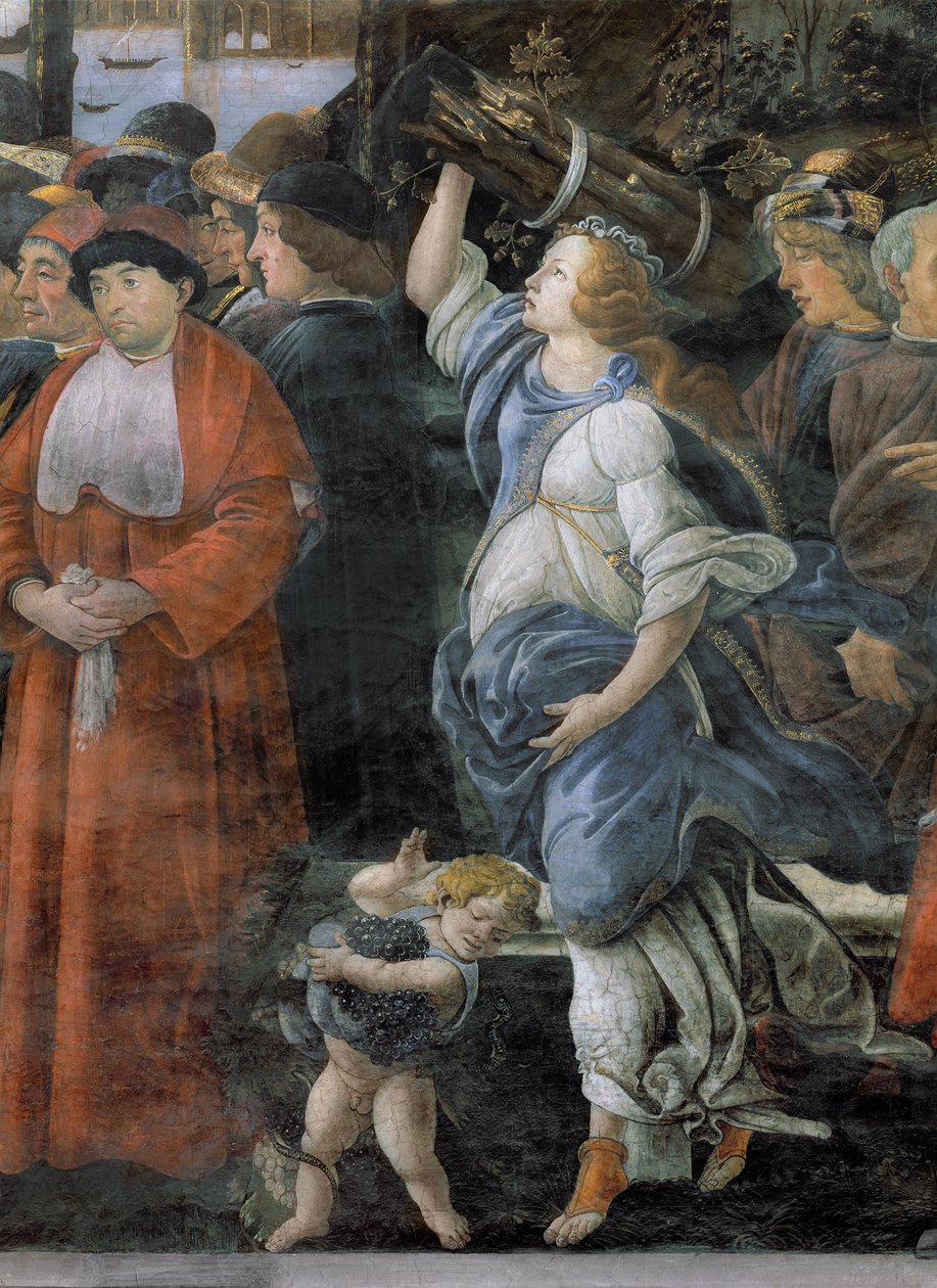 A leprás megtisztulása és Krisztus megkísértése, a Sixtus-kápolnában: tűzifát hordozó nő és szőlőt hordozó kisfiú részlete, 1481-es freskó alkotó: Sandro Botticelli