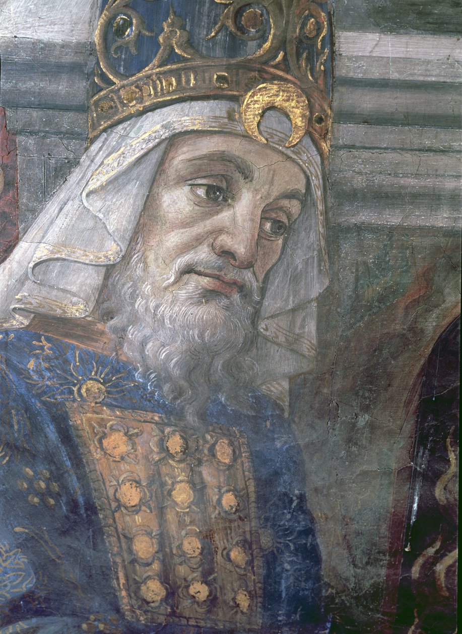A leprás megtisztulása és Krisztus megkísértése, a Sixtus-kápolnában: részlet a pap fejéről, 1481-es freskó alkotó: Sandro Botticelli