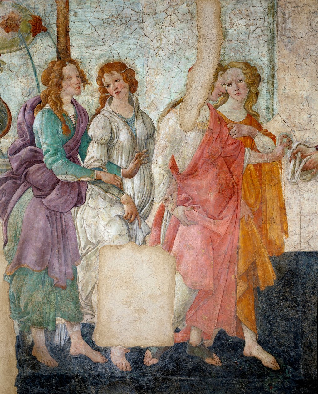 A Vénusz és a kegyelmek ajándékokat adnak egy fiatal részlet lánynak, aki a kegyelmeket képviseli. Villa Lemmi freskója. Sandro Botticelli festménye alkotó: Sandro Botticelli