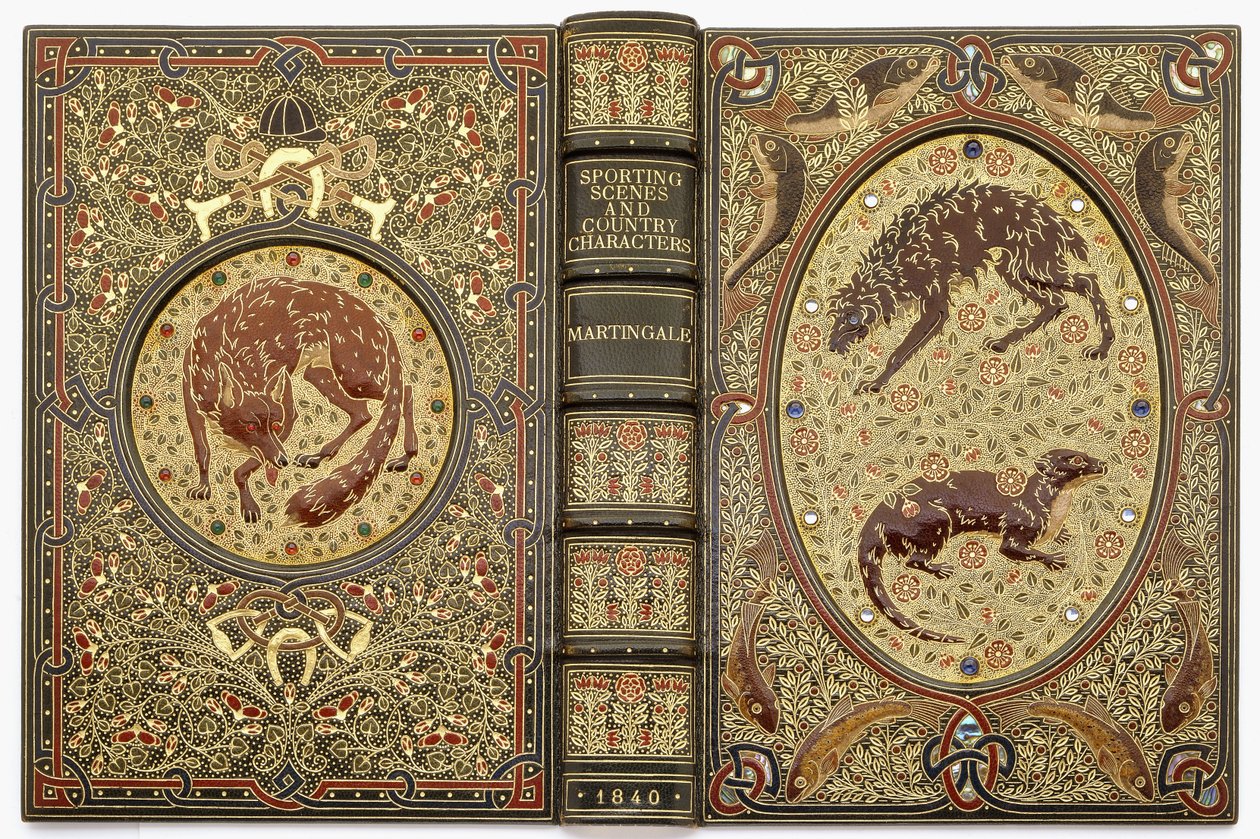 Több állatot ábrázoló ékköves, kövekkel díszített díszkötés alkotó: Sangorski and Sutcliffe