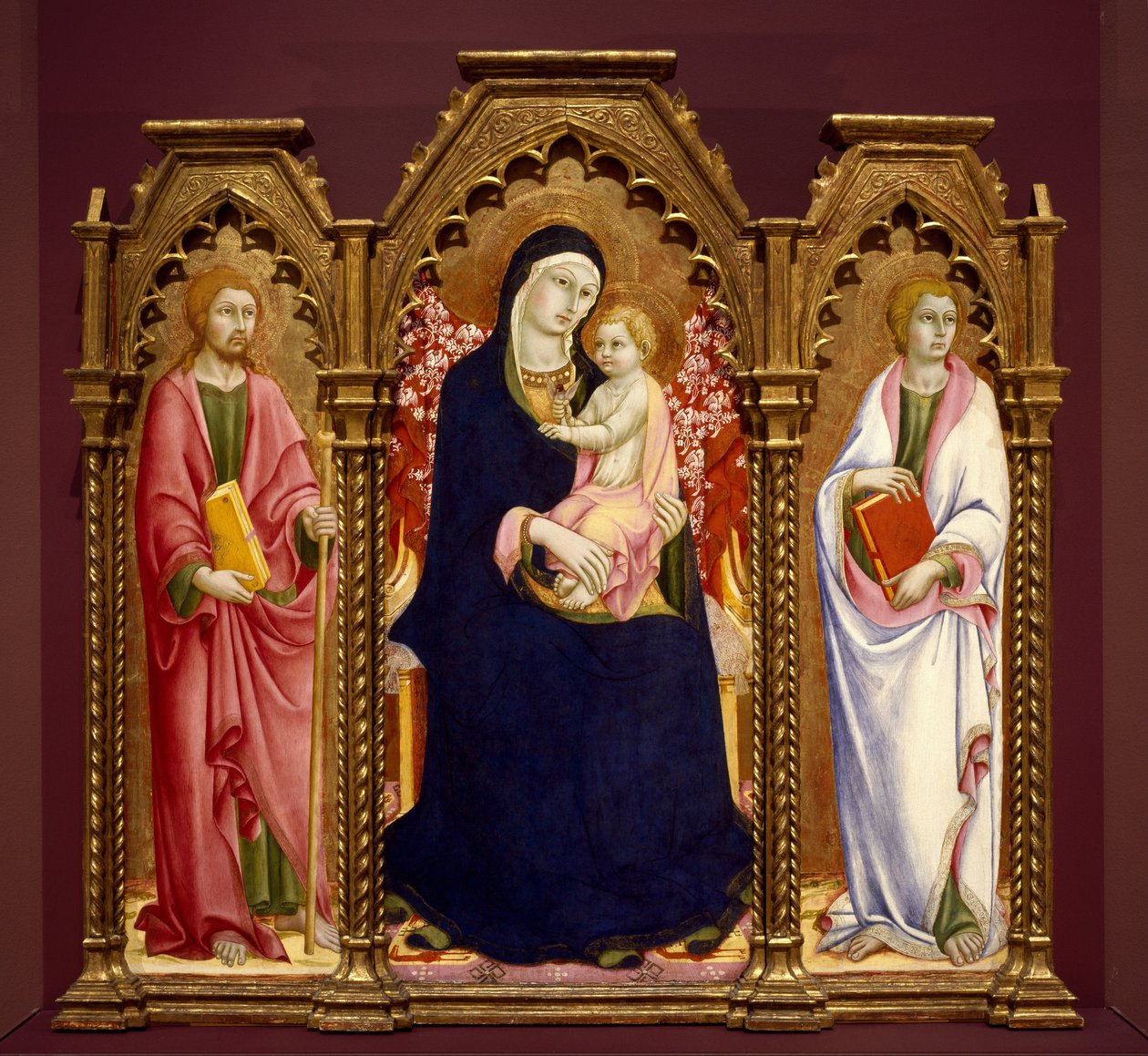 Madonna és gyermeke szent Majorral és János evangélistával, oltárkép alkotó: Sano di Pietro