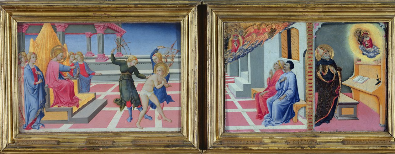Szent Jeromos álma és Szent Jeromos megjelenése Sulpicius Severusnak és Szent Ágostonnak, 1444. alkotó: Sano di Pietro