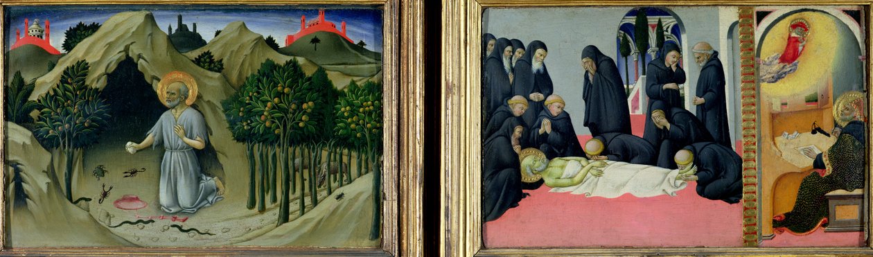 Szent Jeromos bűnbánata és Szent Jeromos halála és megjelenése Jeruzsálemi Szent Cirillnek, 1444 alkotó: Sano di Pietro