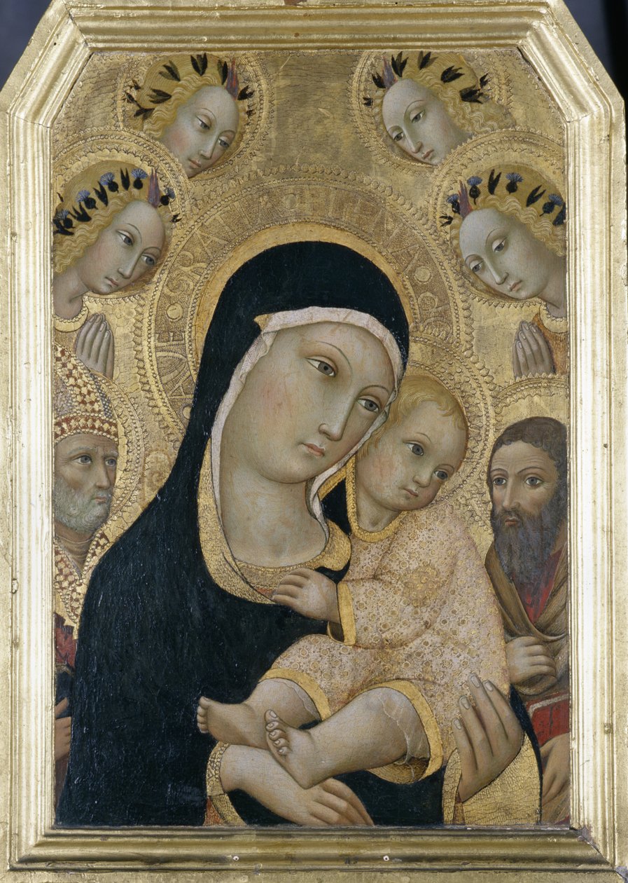 Madonna és gyermek angyalokkal és szentekkel, 1450 körül (tempera nyárfán) alkotó: Sano di Pietro