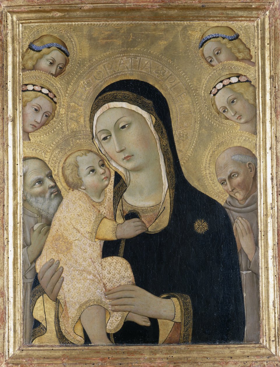 Madonna és gyermek angyalokkal és szentekkel, 1450 körül (tempera nyárfán) alkotó: Sano di Pietro