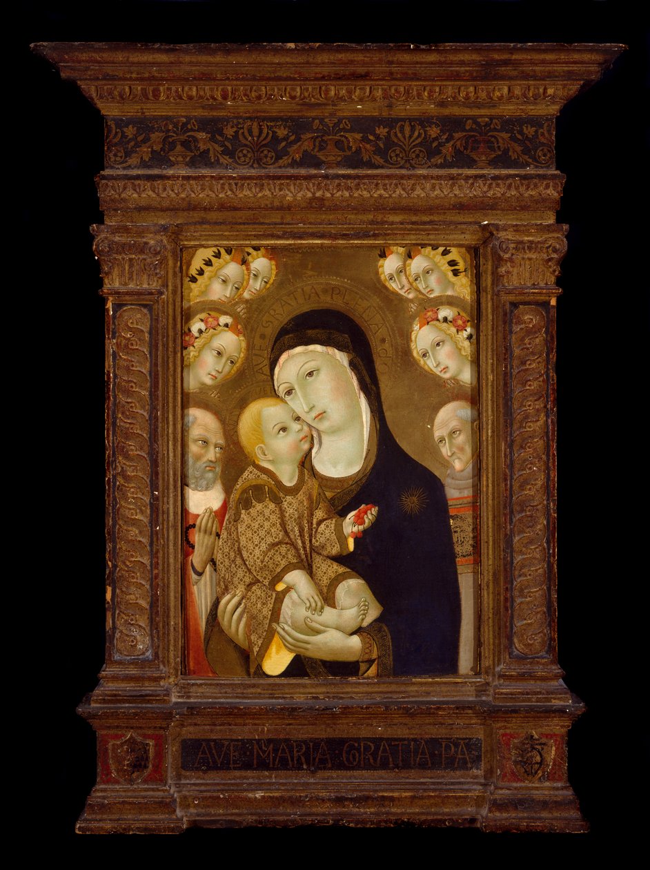 Madonna és gyermek Szent Jeromosszal, Szent Bernardinóval és hat angyallal, 1460-as évek (tempera és aranylevél a panelen) alkotó: Sano di Pietro