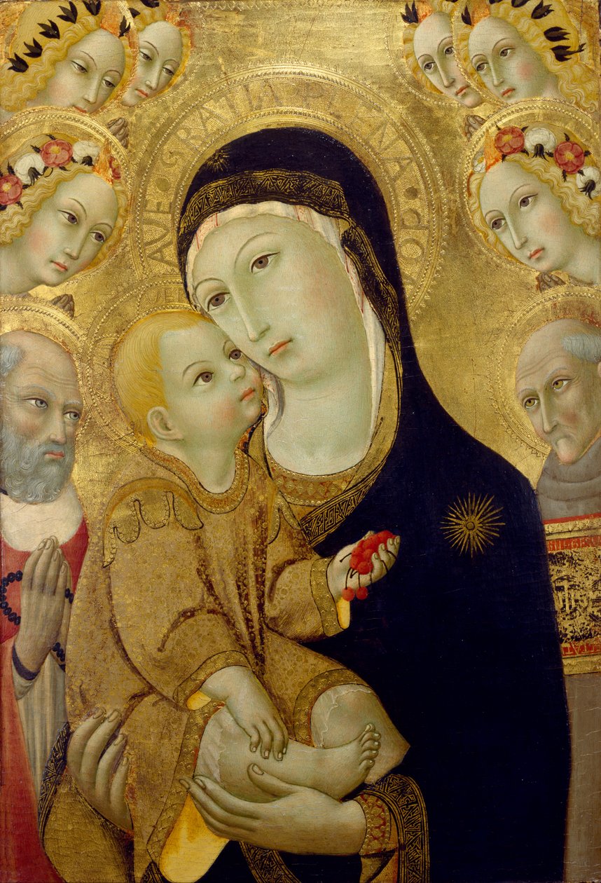 Szűz és gyermek Sienai Szent Jeromos és Bernardinóval és Hat Angyal, 1460-as évek (tempera és aranylevél a fán) alkotó: Sano di Pietro